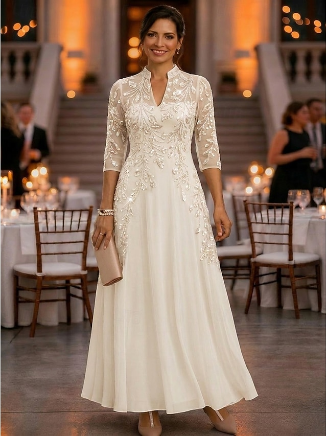 a-line ankle length mother of the bride dresses 3/4 length sleeve v neck elegant vintage luxurious chiffon tulle with beading, supplier image 5