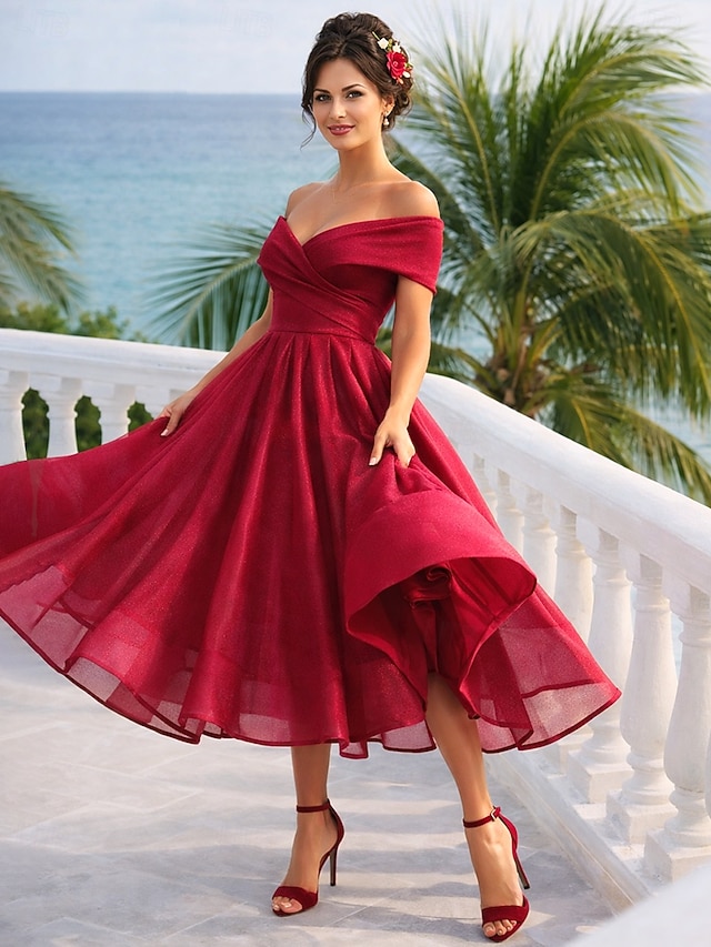 a-line tea-length wedding guest dress cocktail dress off-the-shoulder sleeveless tulle, supplier image 1