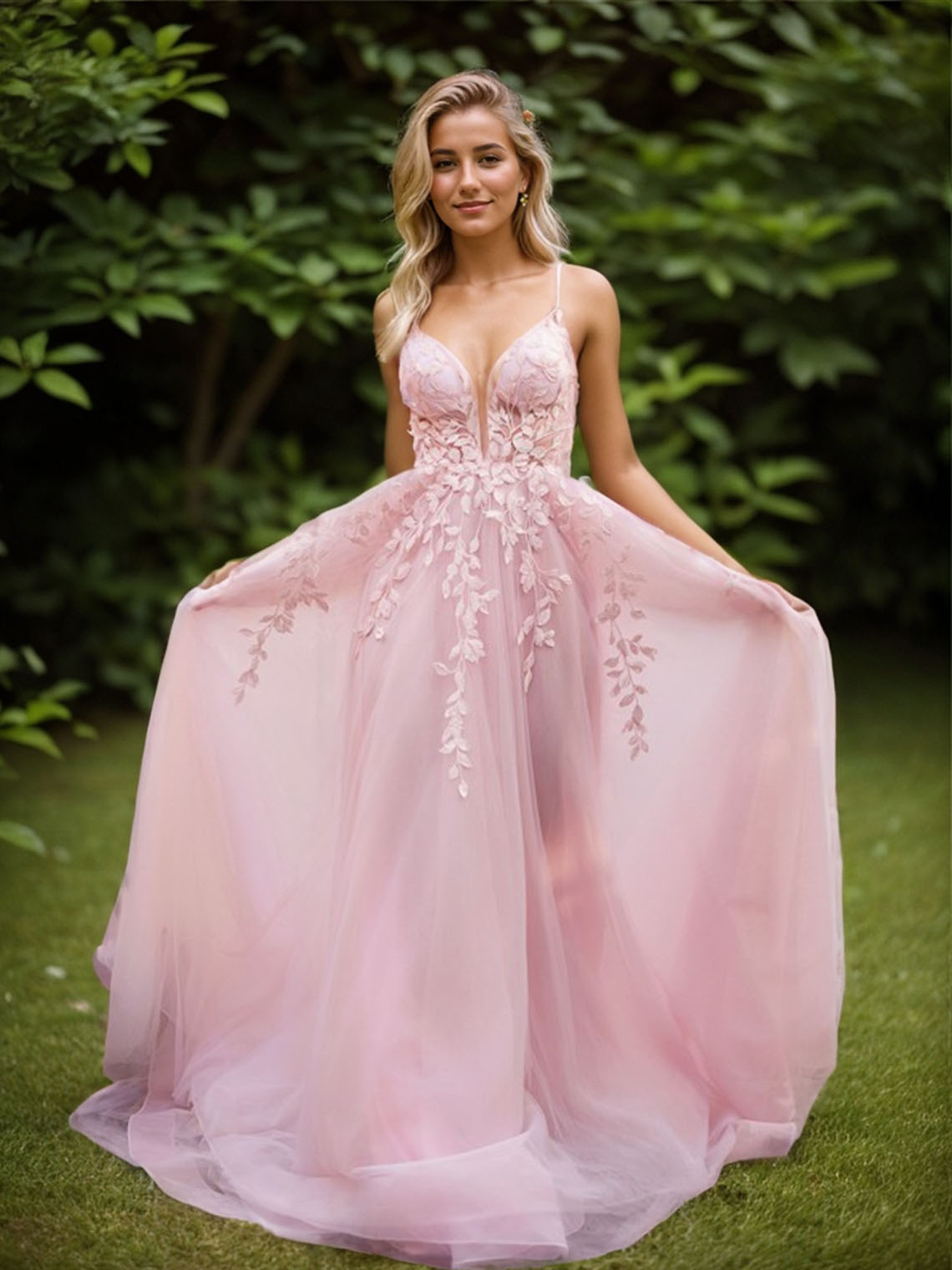 Pink A-Line Tulle V-neck Sleeveless With Applique Long Prom Dress