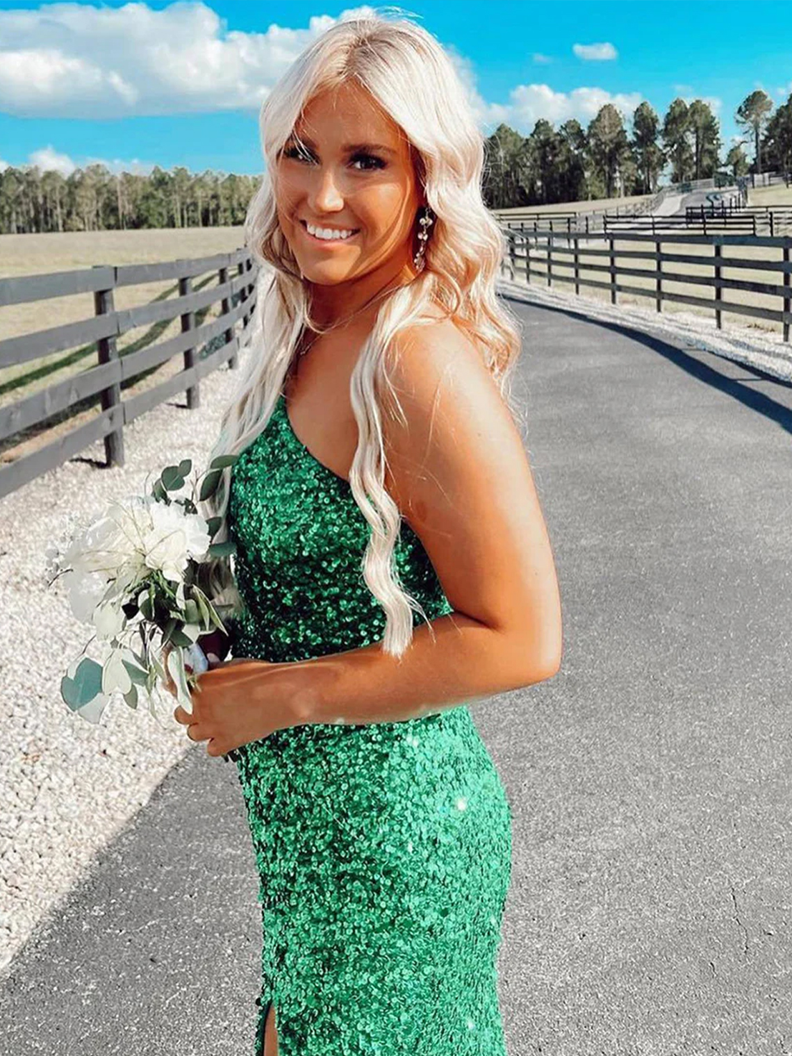 Glitter Mermaid One Shoulder Open Back Sleeveless Sexy Prom Dress