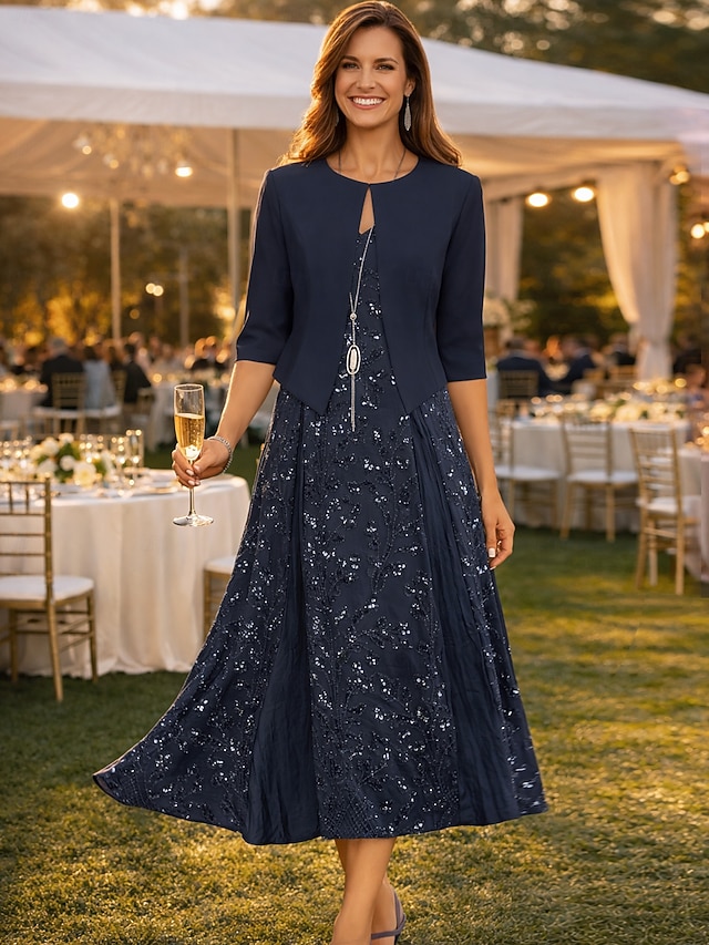 two piece a-line mother of the bride dresses wedding guest dresses tea length chiffon lace v neck, supplier image 1