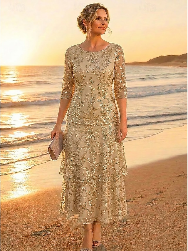 two piece a-line mother of the bride dresses ankle length tea length chiffon lace with beading, supplier image 3