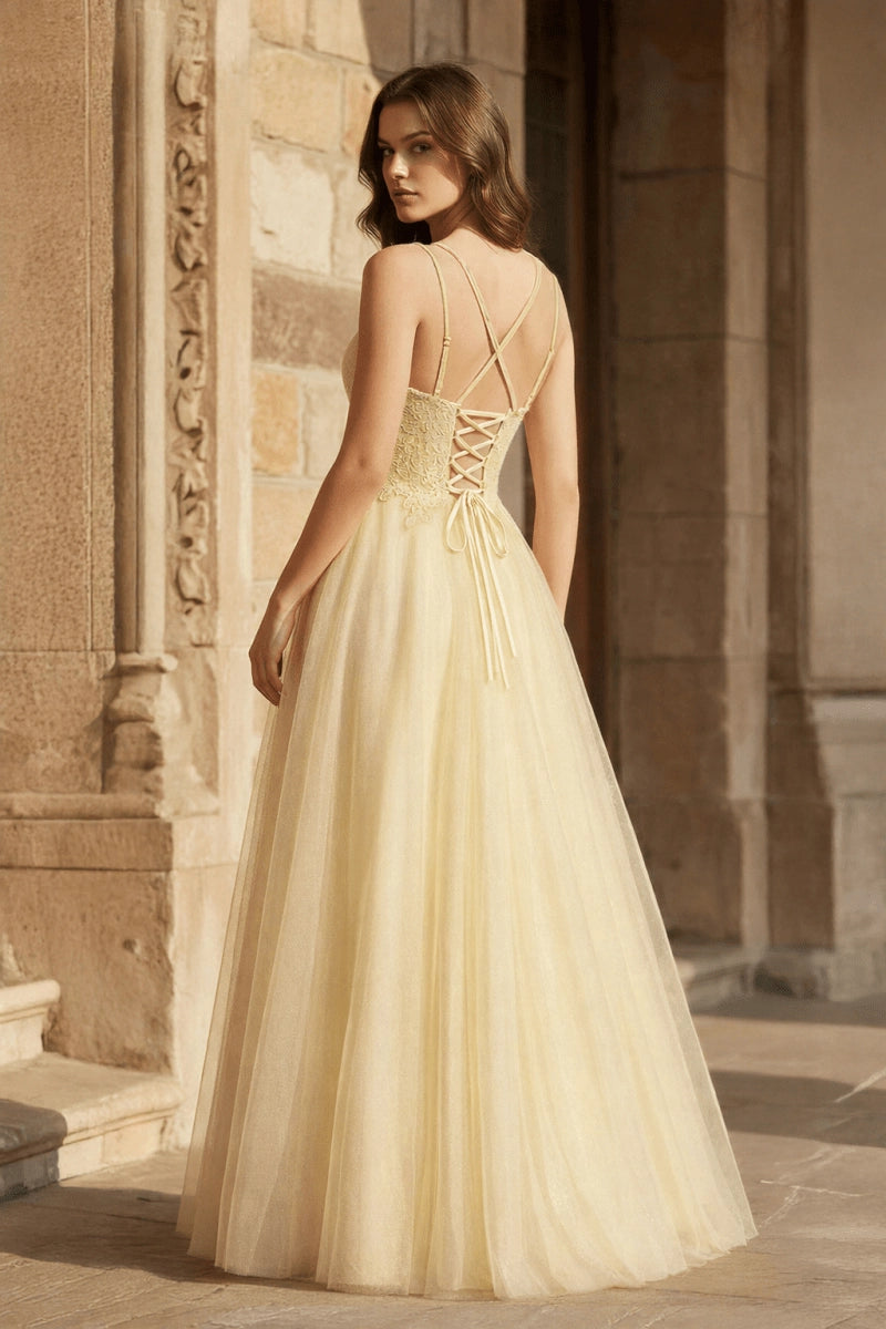 Yellow A-line Floor Length Glitter Tulle Prom Dresses Evening Dresses