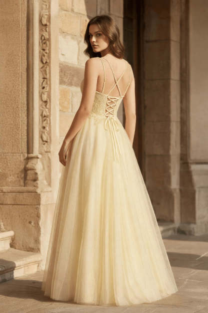 Yellow A-line Floor Length Glitter Tulle Prom Dresses Evening Dresses