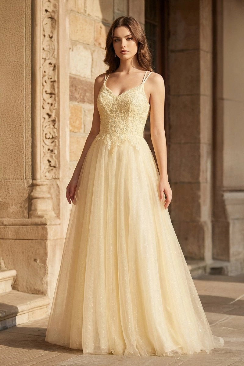 Yellow A-line Floor Length Glitter Tulle Prom Dresses Evening Dresses