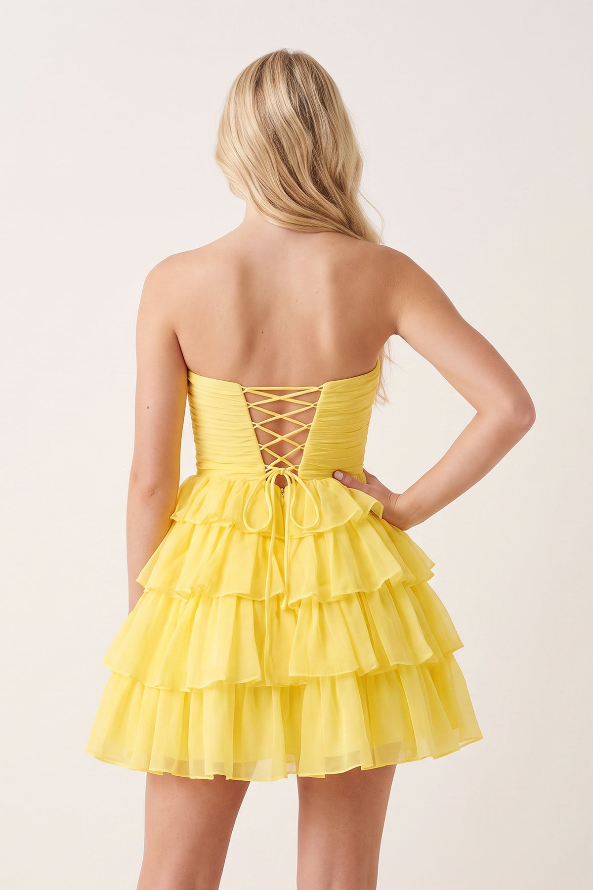 Yellow Strapless A Line Chiffon Ruffled Cocktail Dresses With Bow, supplier image 2