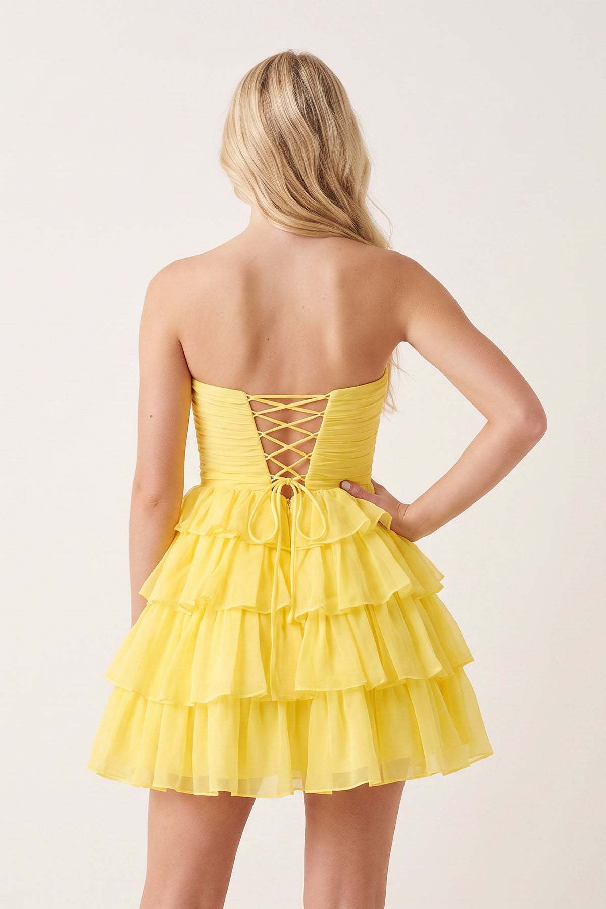Yellow Strapless A Line Chiffon Ruffled Cocktail Dresses With Bow, supplier image 2