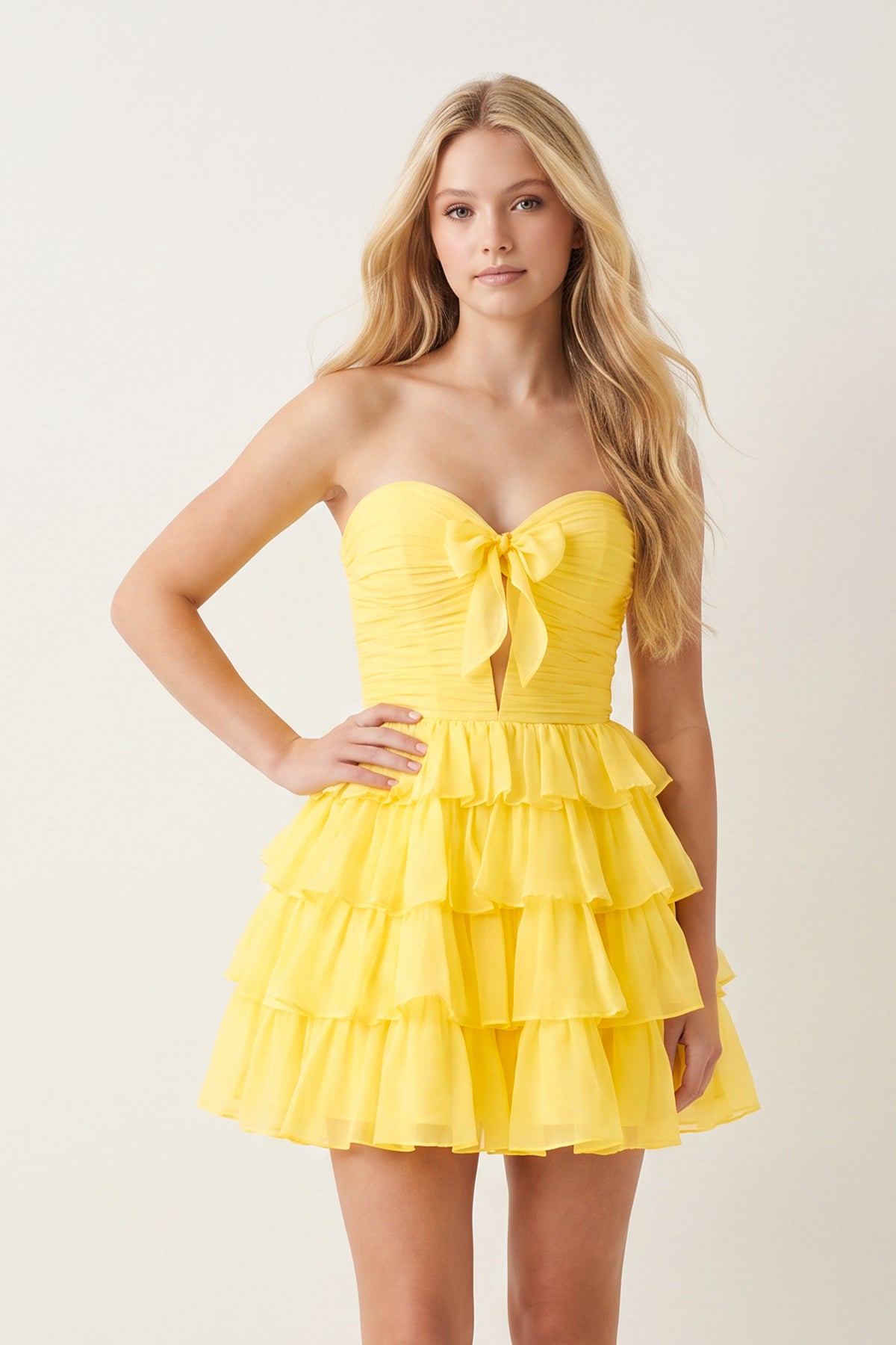 Yellow Strapless A Line Chiffon Ruffled Cocktail Dresses With Bow, supplier image 1