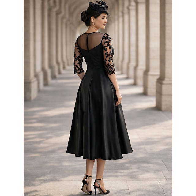 a-line tea-length mother of the bride dress wedding guest dress cocktail dress formal dress off-the-shoulder 3/4 sleeves satin elegant, supplier image 2
