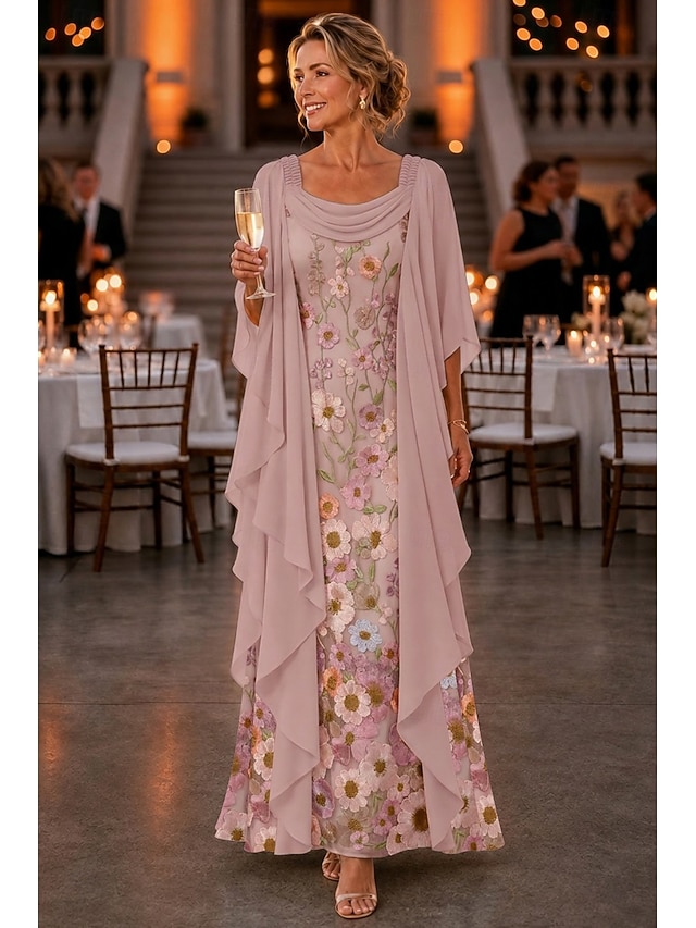 a-line ankle length mother of the bride dresses 3/4 length sleeve scoop neck elegant vintage chiffon lace with 3d flowers, supplier image 1