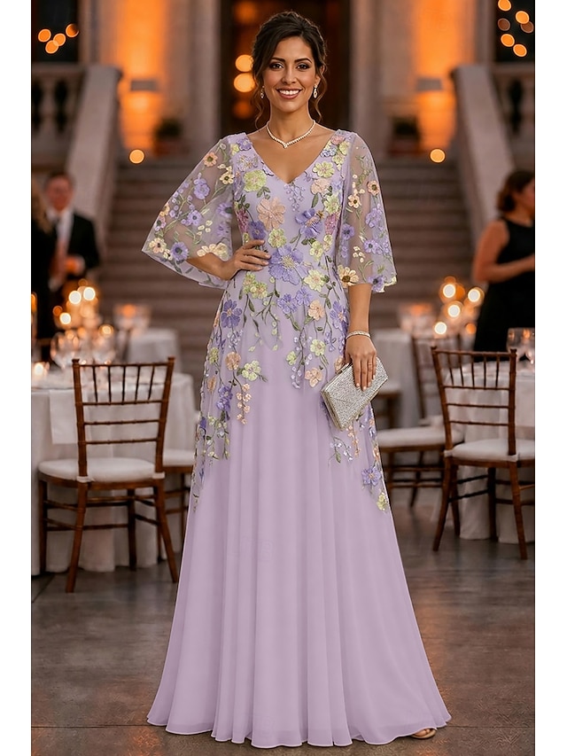 a-line mother of the bride dresses floor length chiffon lace with 3d flowers 3/4 length sleeve, supplier image 6