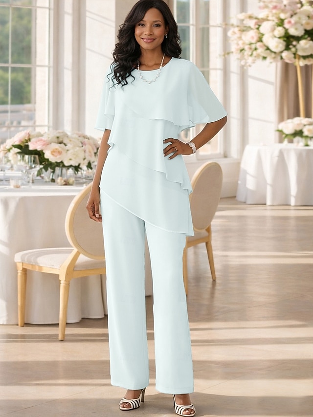 two piece jumpsuit pantsuit floor-length mother of the bride dress wedding guest dress jewel neck short sleeves chiffon elegant, supplier image 1