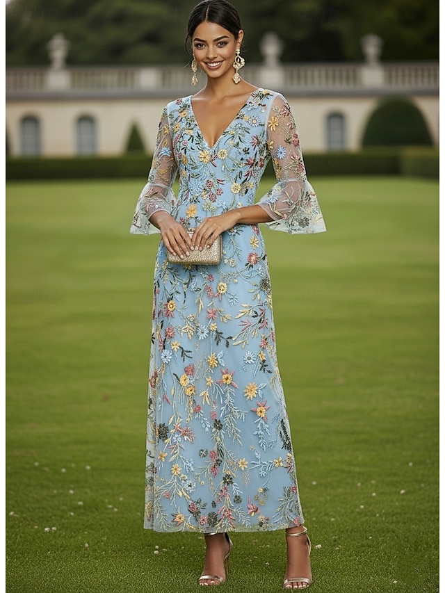 a-line floor length mother of the bride dresses cocktail dresses party dresses half sleeve v neck elegant vintage luxurious chiffon lace tulle, supplier image 1