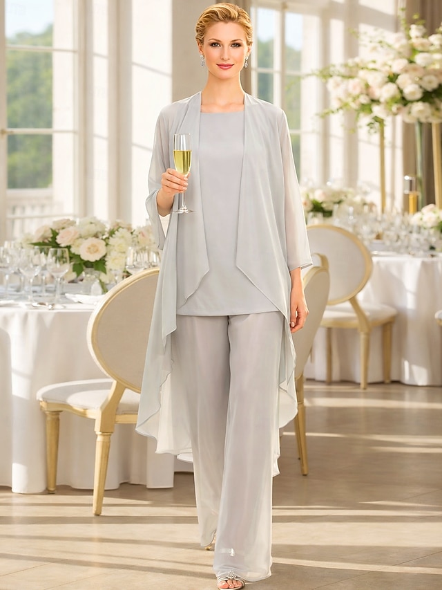 3 piece jumpsuit pantsuit mother of the bride dresses floor length chiffon with solid color elegant, supplier image 1