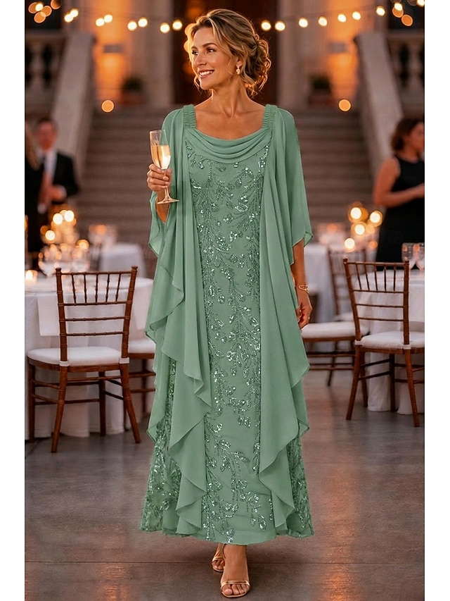 a-line ankle length mother of the bride dresses half sleeve scoop neck elegant vintage chiffon with beading, supplier image 1