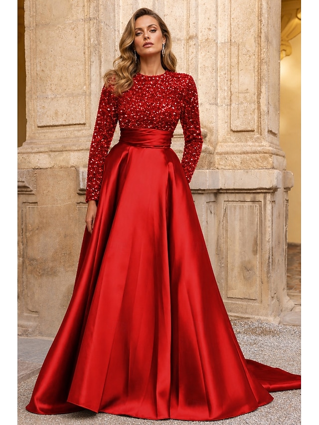 a-line floor-length wedding guest dress evening gown high neck long sleeves satin elegant, supplier image 1