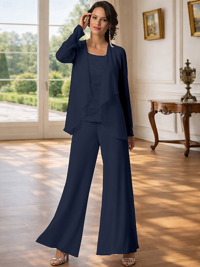 3 piece jumpsuit pantsuit jumpsuit pantsuit floor length mother of the bride dresses sleeveless bateau neck elegant plus size chiffon lace, supplier image 26