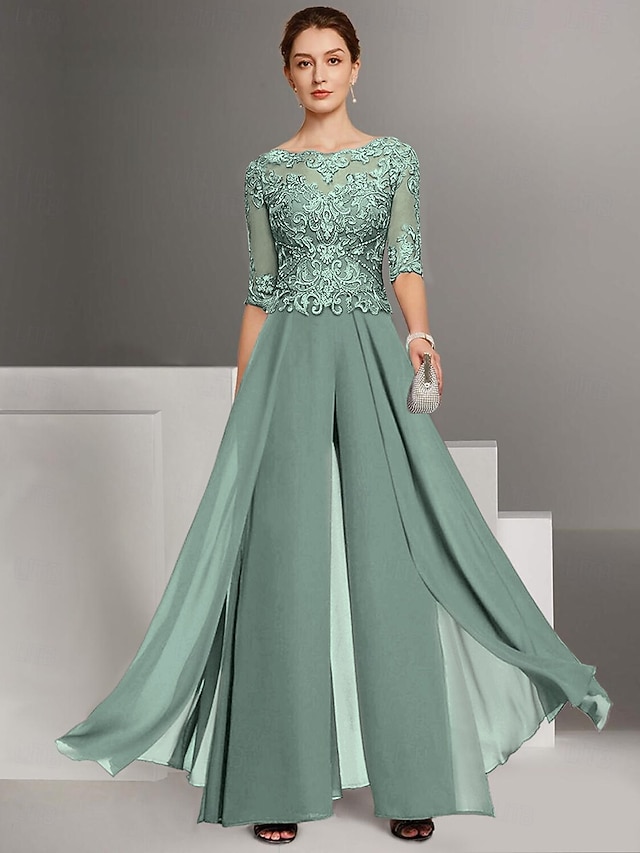 two piece jumpsuit pantsuit floor length mother of the bride dresses half sleeve bateau neck elegant chiffon with appliques, supplier image 12