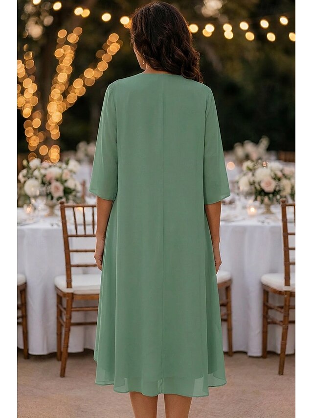 two piece a-line knee length mother of the bride dresses 3/4 length sleeve scoop neck elegant simple chiffon, supplier image 6