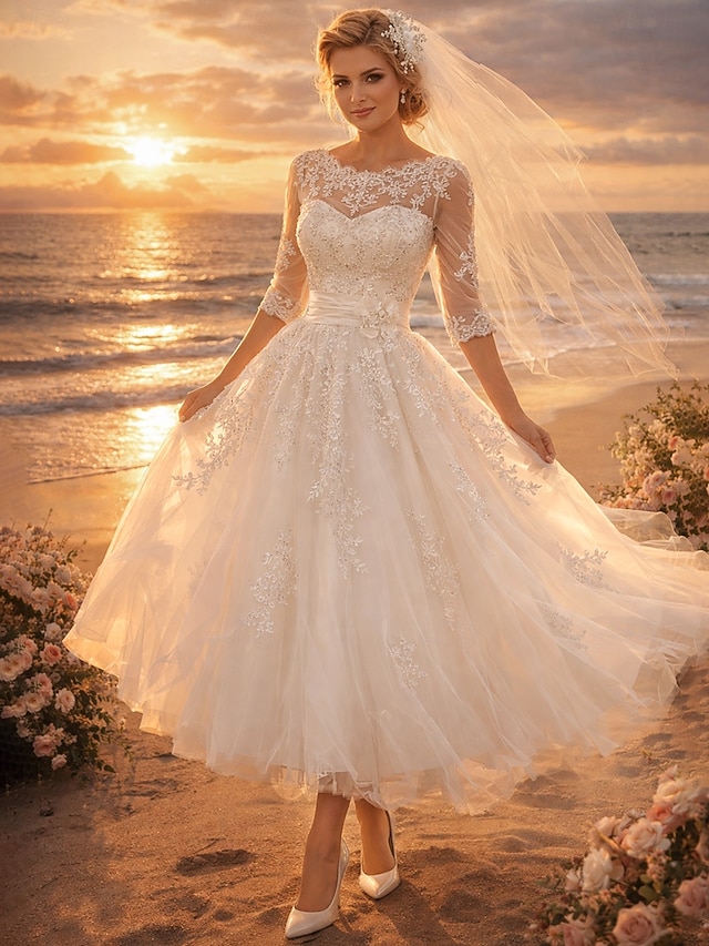 a-line tea-length little white dress wedding dress illusion neck 3/4 sleeves lace tulle, supplier image 1