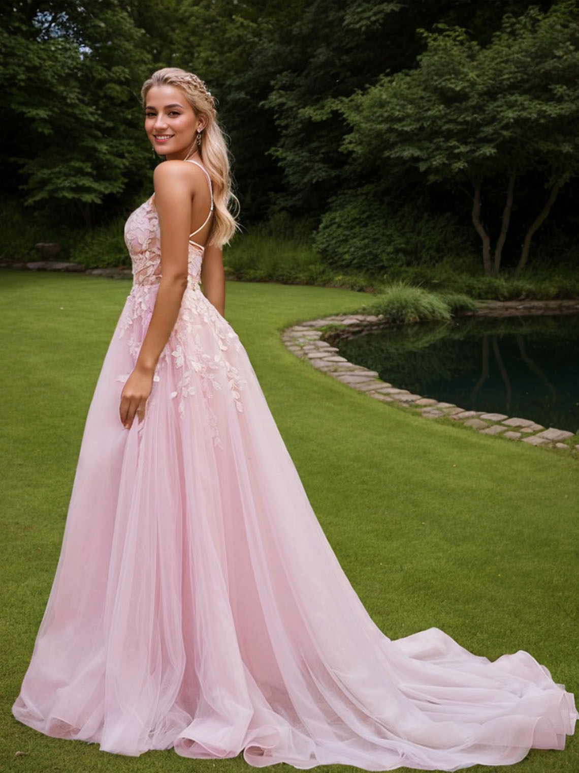 Pink A-Line Tulle V-neck Sleeveless With Applique Long Prom Dress