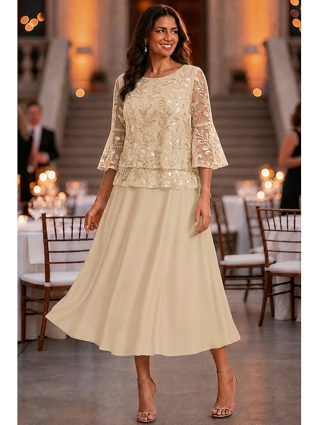 a-line mother of the bride dresses ankle length chiffon lace with sequin 3/4 length sleeve elegant, supplier image 4
