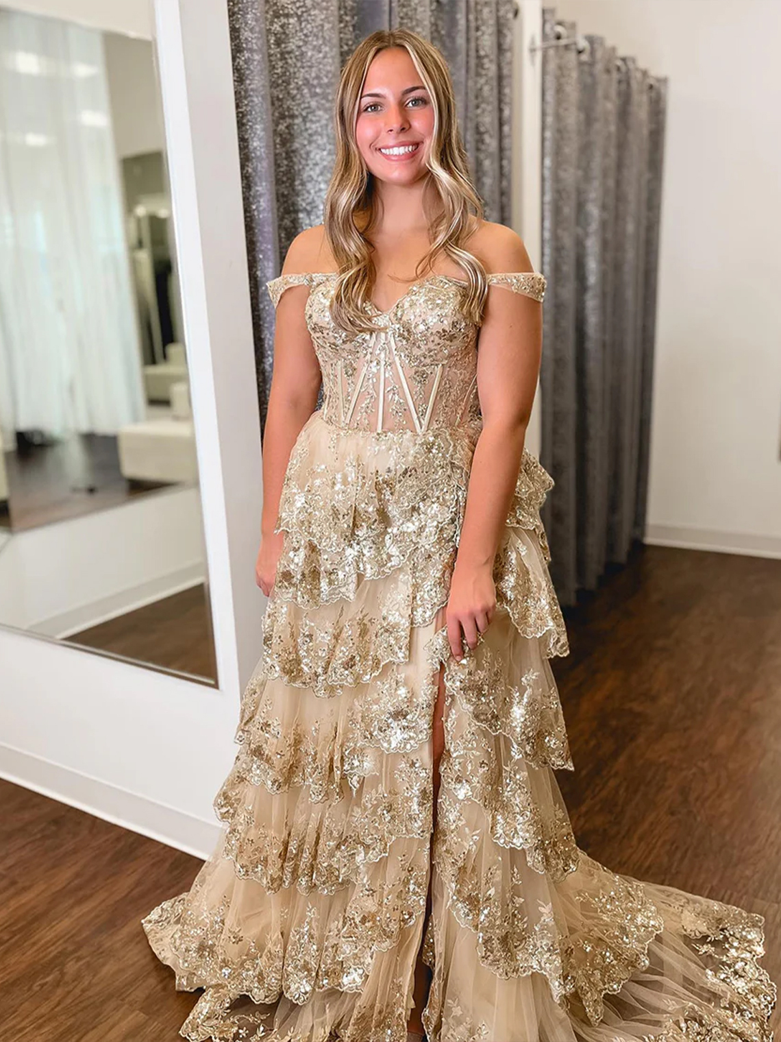 A Line Off the Shoulder with Appliques Long Prom Dress