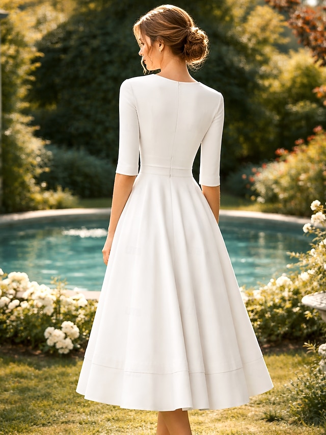 a-line tea-length wedding dress v-neck half sleeves satin, supplier image 2