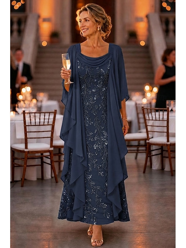 a-line ankle length mother of the bride dresses half sleeve scoop neck elegant vintage chiffon with beading, supplier image 5