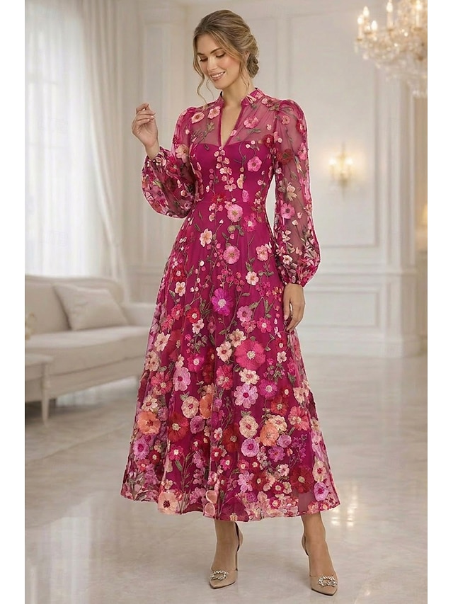 a-line mother of the bride dresses ankle length lace tulle with 3d flowers long sleeve v neck, supplier image 6