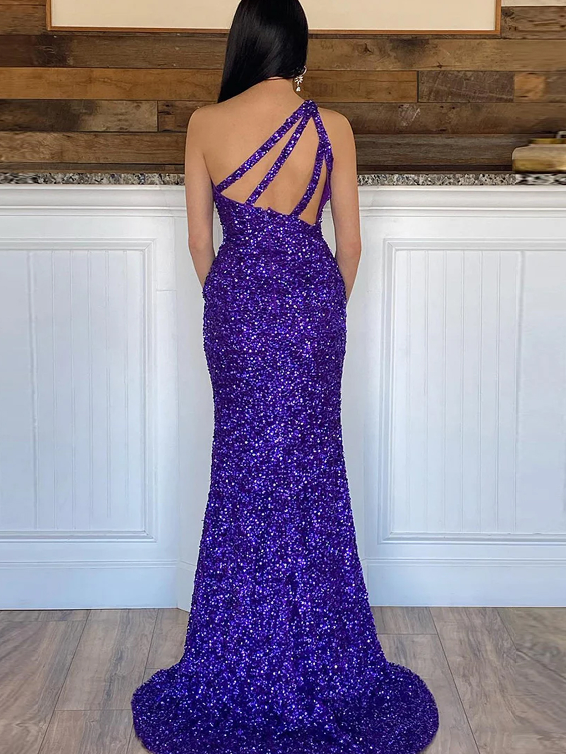 Glitter Mermaid One Shoulder Open Back Sleeveless Sexy Prom Dress