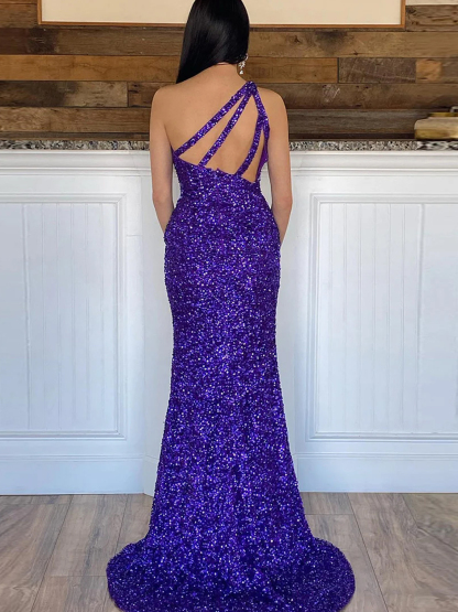 Dress Glitter Mermaid One Shoulder Open Back Sleeveless Sexy Prom Dress
