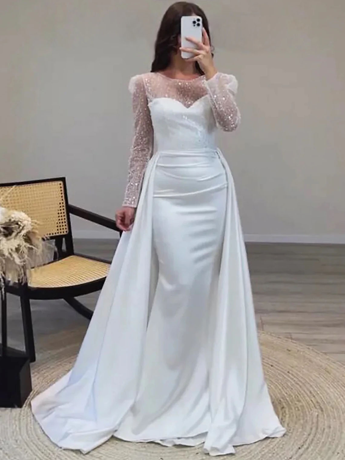 Mermaid Sequin Satin Long Sleeves with Pearls Long Evening Dress