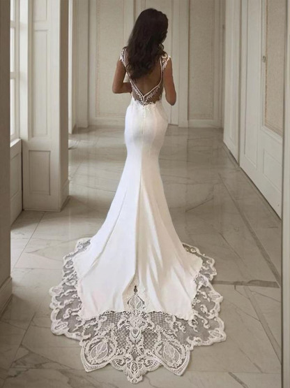 Dresses White Sheath/Column Stretch Crepe Sleeveless Backless Wedding Dresseseses