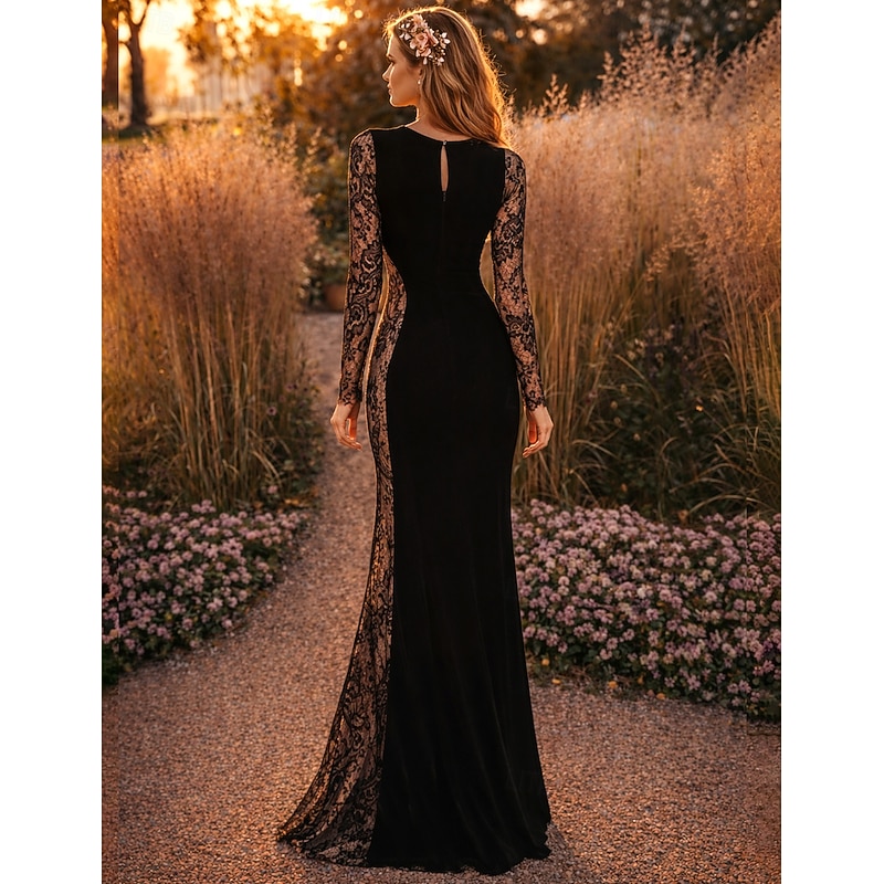 Mermaid Mother of the Bride Dress Wedding Guest Formal Evening Elegant Party Jewel Neck Floor Length Lace Velvet Long Sleeve No with Appliques Color Block