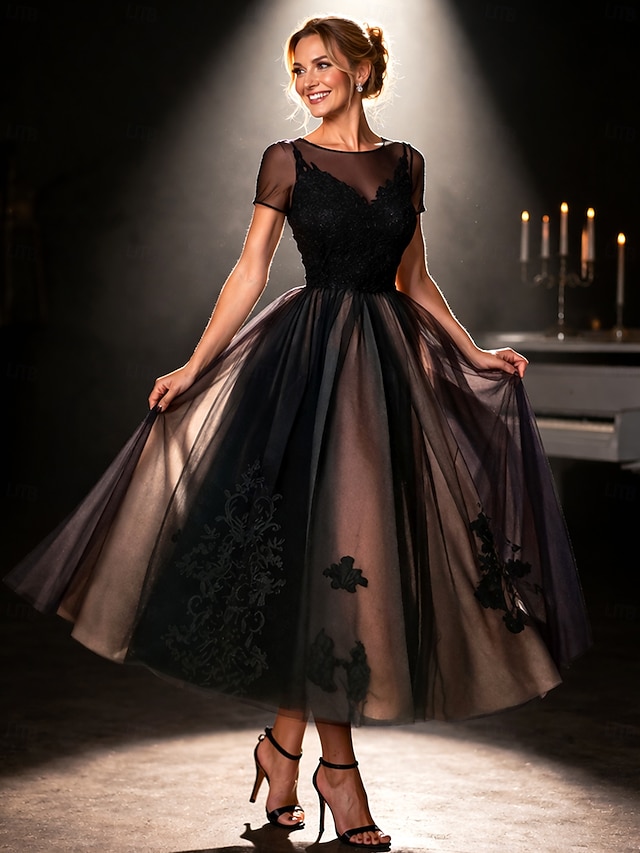 a-line ankle-length wedding guest dress evening gown cocktail dress illusion neck short sleeves lace tulle elegant, supplier image 1