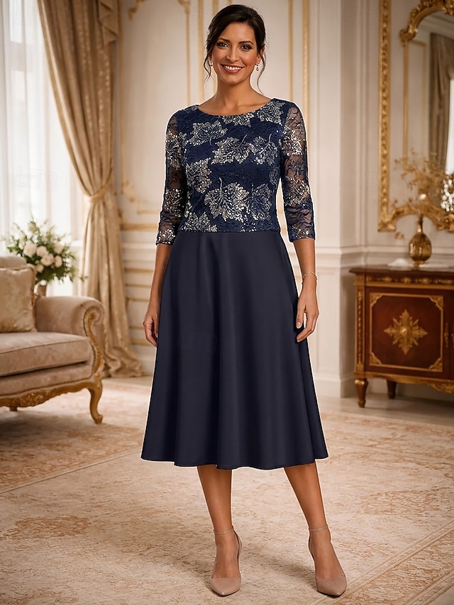 a-line mother of the bride dresses tea length satin lace 3/4 length sleeve elegant simple luxurious, supplier image 1