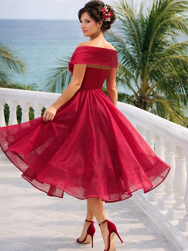 a-line tea-length wedding guest dress cocktail dress off-the-shoulder sleeveless tulle, supplier image 2