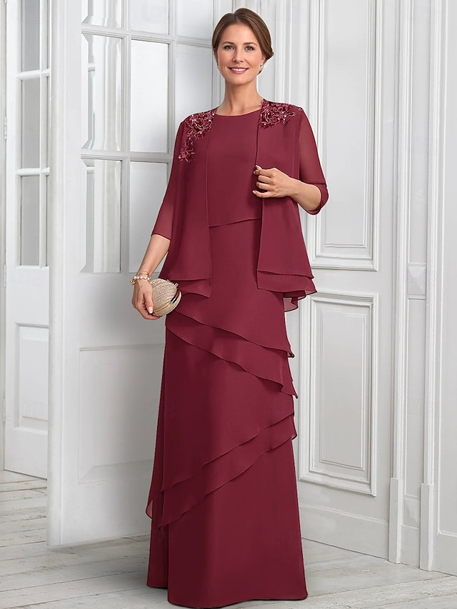 two piece a-line mother of the bride dresses wedding guest dresses floor length chiffon half sleeve in Burgundy, US6