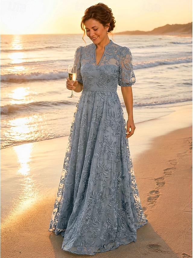 a-line mother of the bride dresses floor length lace with embroidery short sleeve high neck v neck, supplier image 10