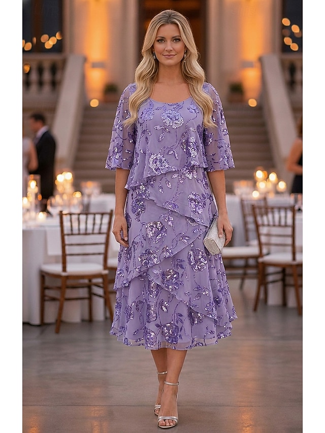a-line ankle length tea length mother of the bride dresses wedding guest dresses cocktail dresses party dresses half sleeve short sleeve scoop neck, supplier image 1