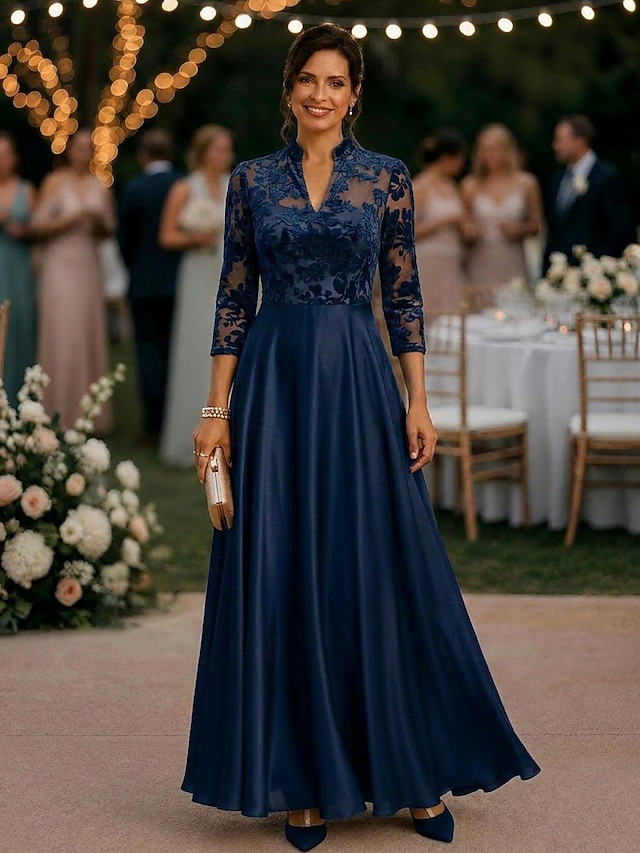 a-line ankle length mother of the bride dresses 3/4 length sleeve v neck elegant vintage luxurious satin tulle with pleats, supplier image 1