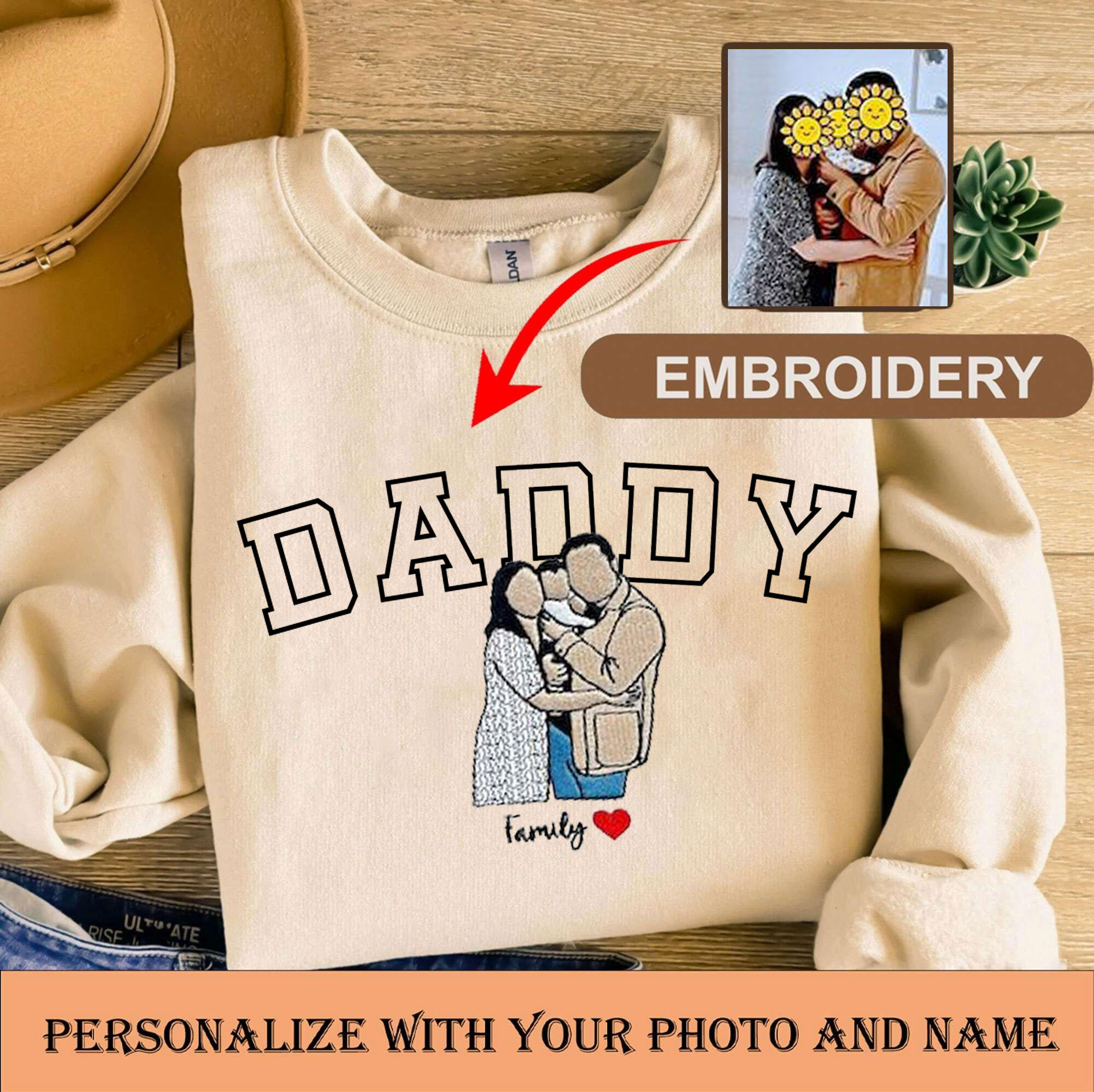 【Father‘s day Sale】Custom Embroidered Sweatshirt with Name and Photo Portrait, Family Gift