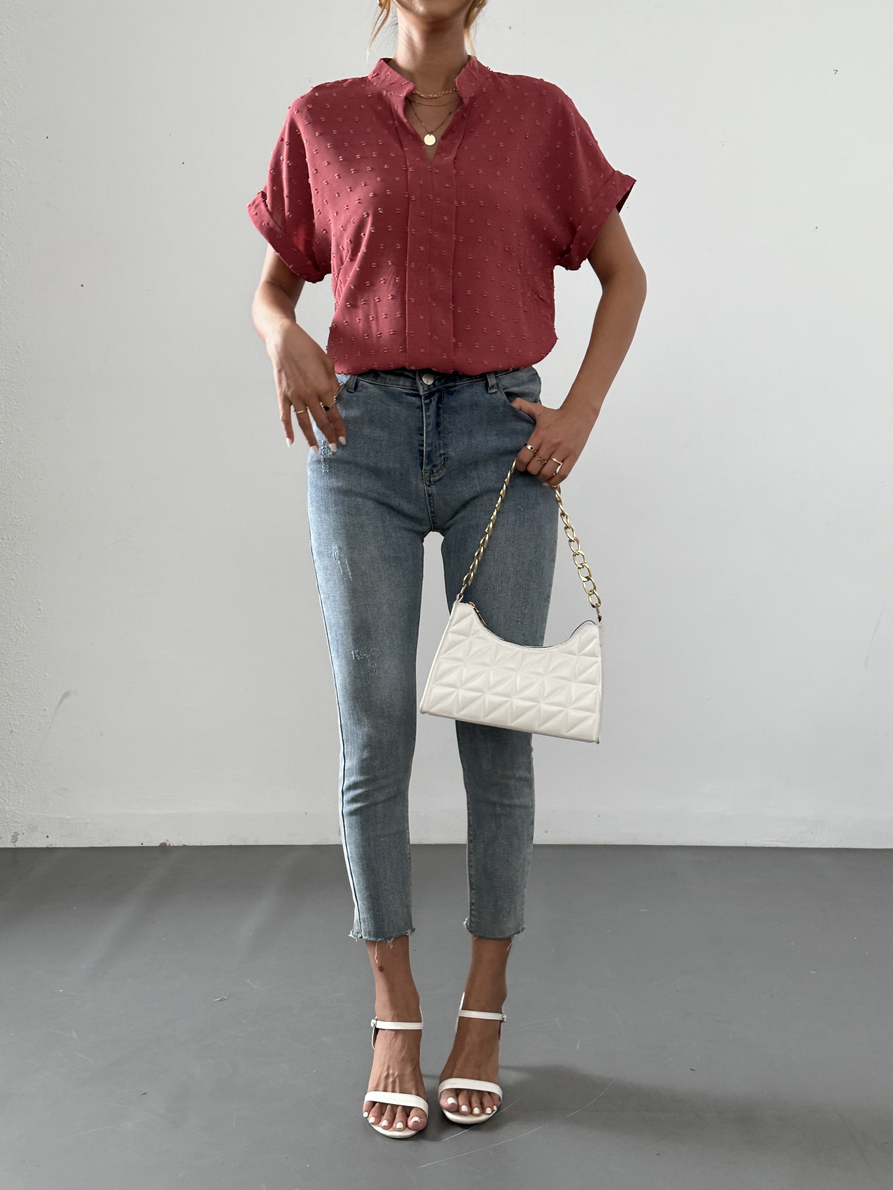 solid versatile blouse v neck short sleeve casual blouse womens clothing details 1