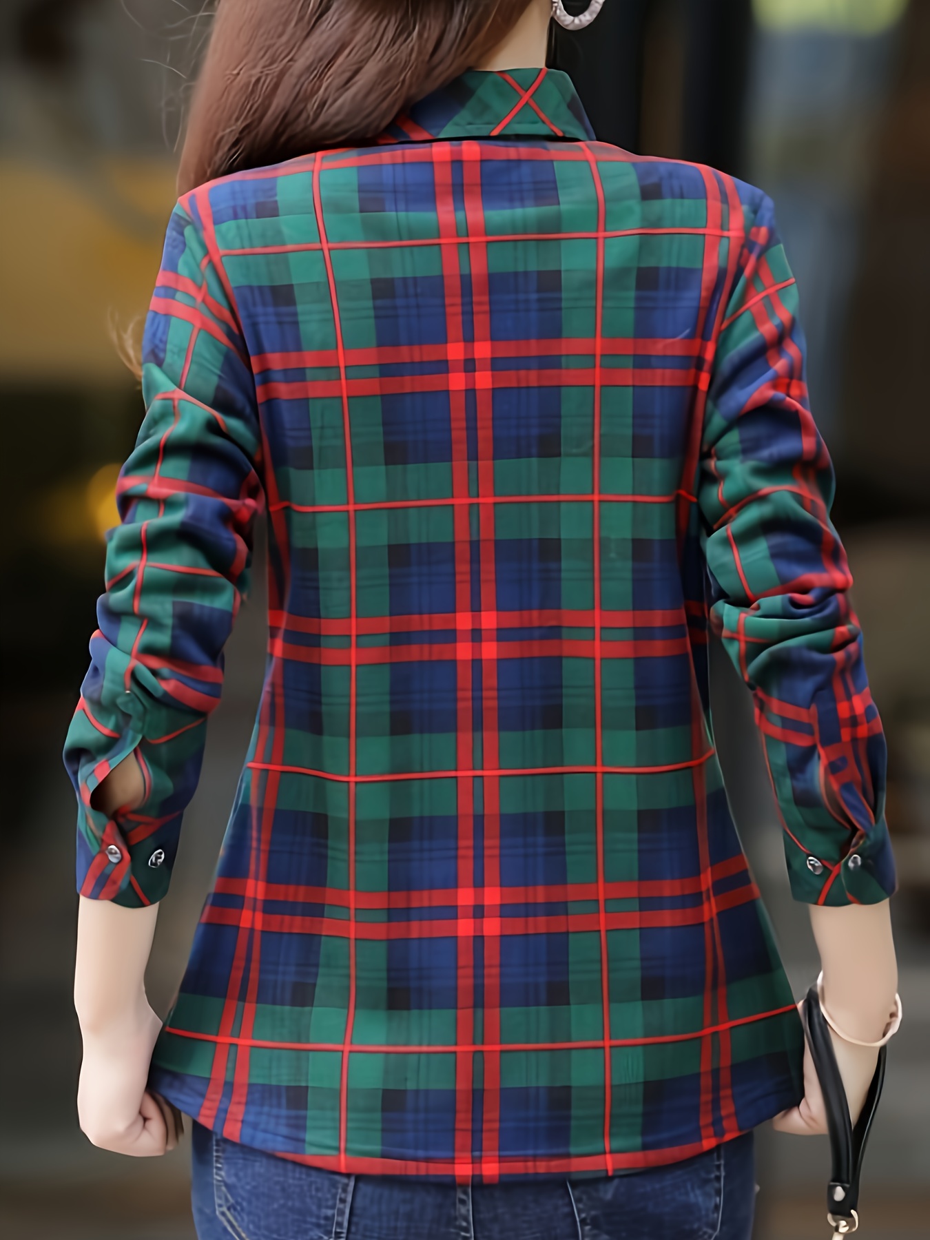 plaid print button front pocket shirt casual long sleeve shirt for spring fall womens clothing details 0