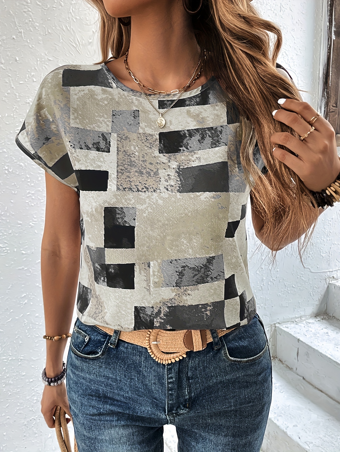 graphic print crew neck t shirt short sleeve aztec print tops womens clothing details 29