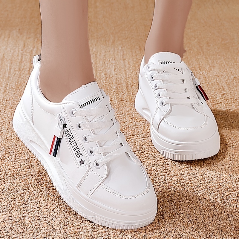 womens solid color casual sneakers lace up wear resistant breathable white shoes versatile low top trainers details 2