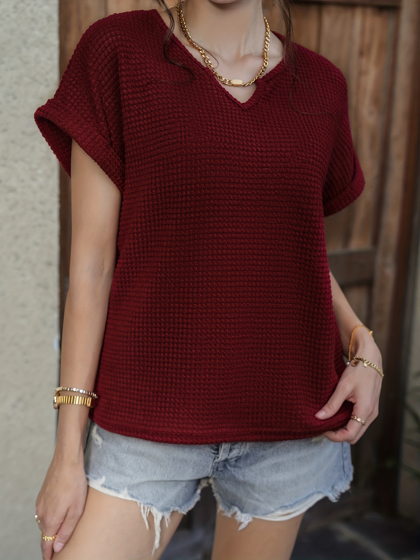 waffle knit v neck blouse casual short sleeve blouse for spring summer womens clothing details 2