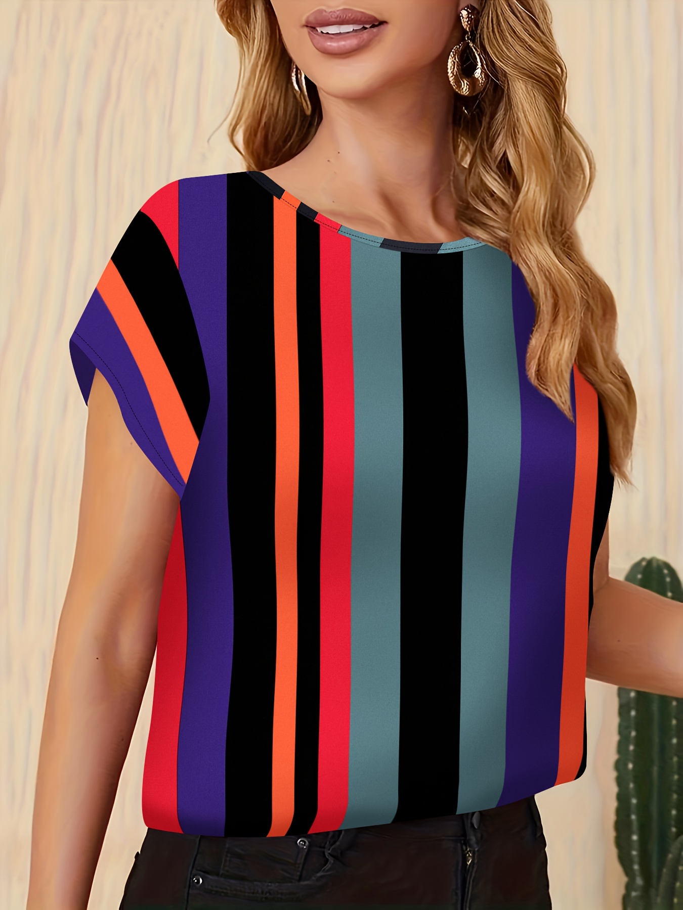striped print color block blouse casual crew neck short sleeve top for spring summer womens clothing details 14