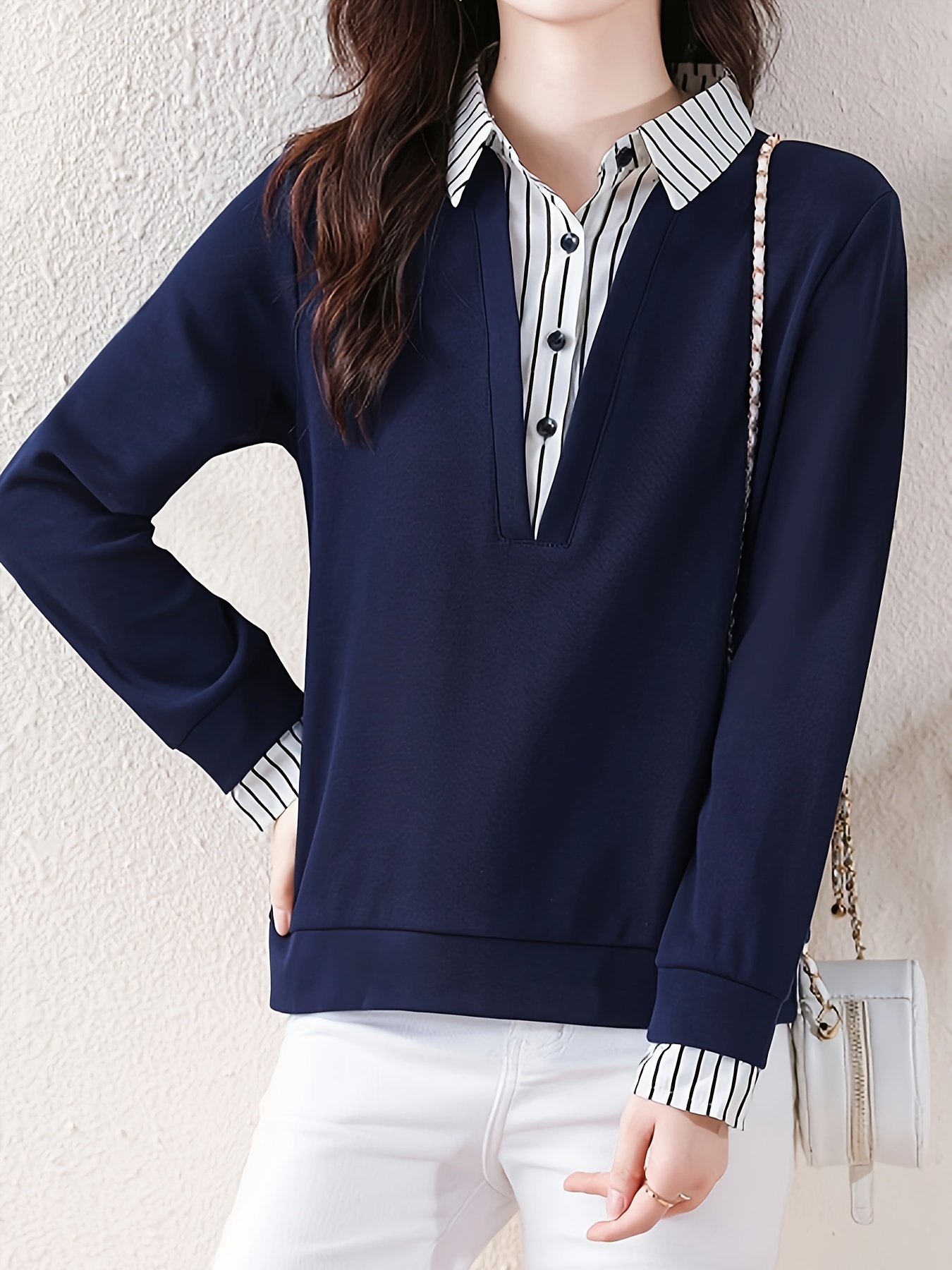 striped print color block splicing shirt casual long sleeve button front shirt for spring fall womens clothing details 13